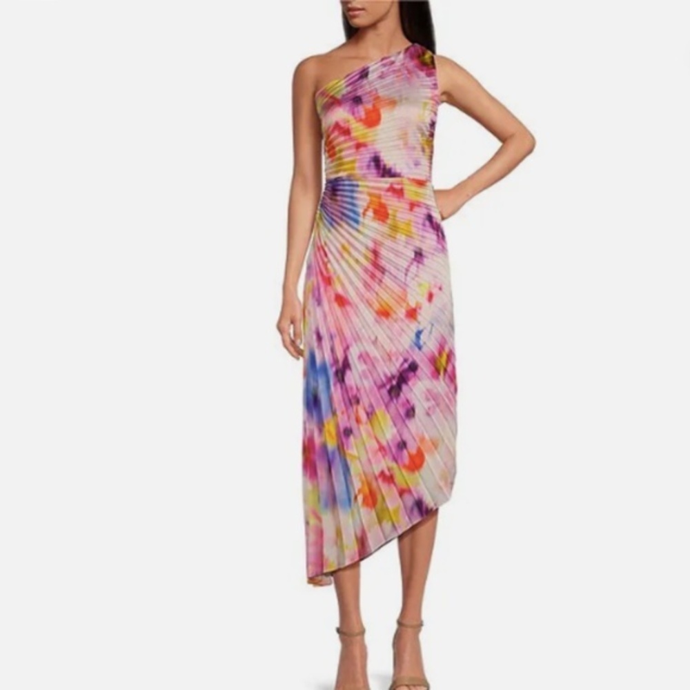 Belle Badgley Mischka Kelsey Accordion Pleat Colorful One Shoulder Dress